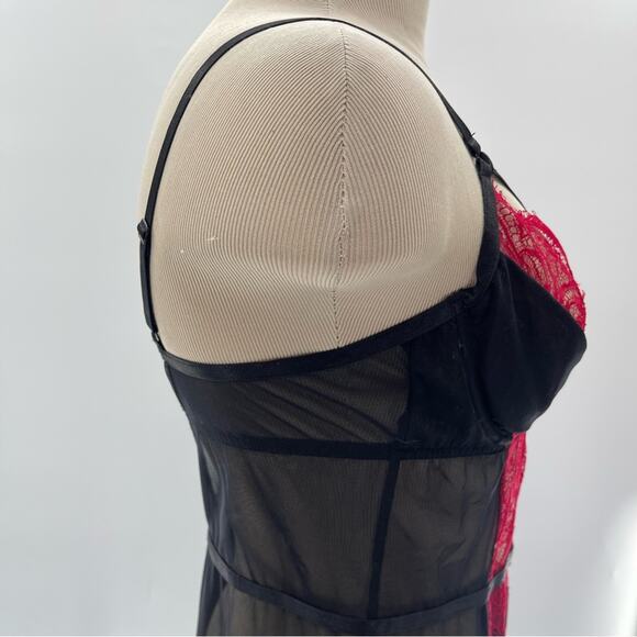 Adore Me Red Black Lace Valentine Sexy Cut Out Babydoll Slip Dress Size Medium - Picture 7 of 11